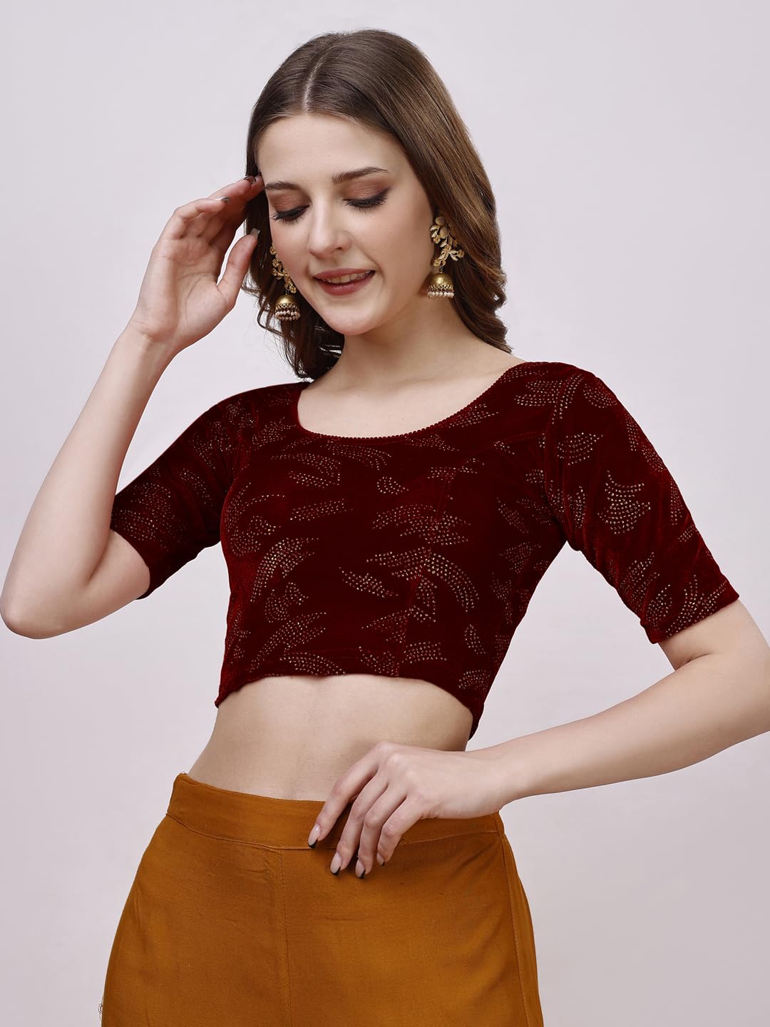 Vihu Fashion Womens Readymade Hosiery Velvet Lycra Stretchable Round Neck Half Sleeve Blouse Fancy Maroon Color Lycra Stretchab