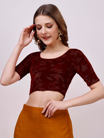 Vihu Fashion Womens Readymade Hosiery Velvet Lycra Stretchable Round Neck Half Sleeve Blouse Fancy Maroon Color Lycra Stretchab