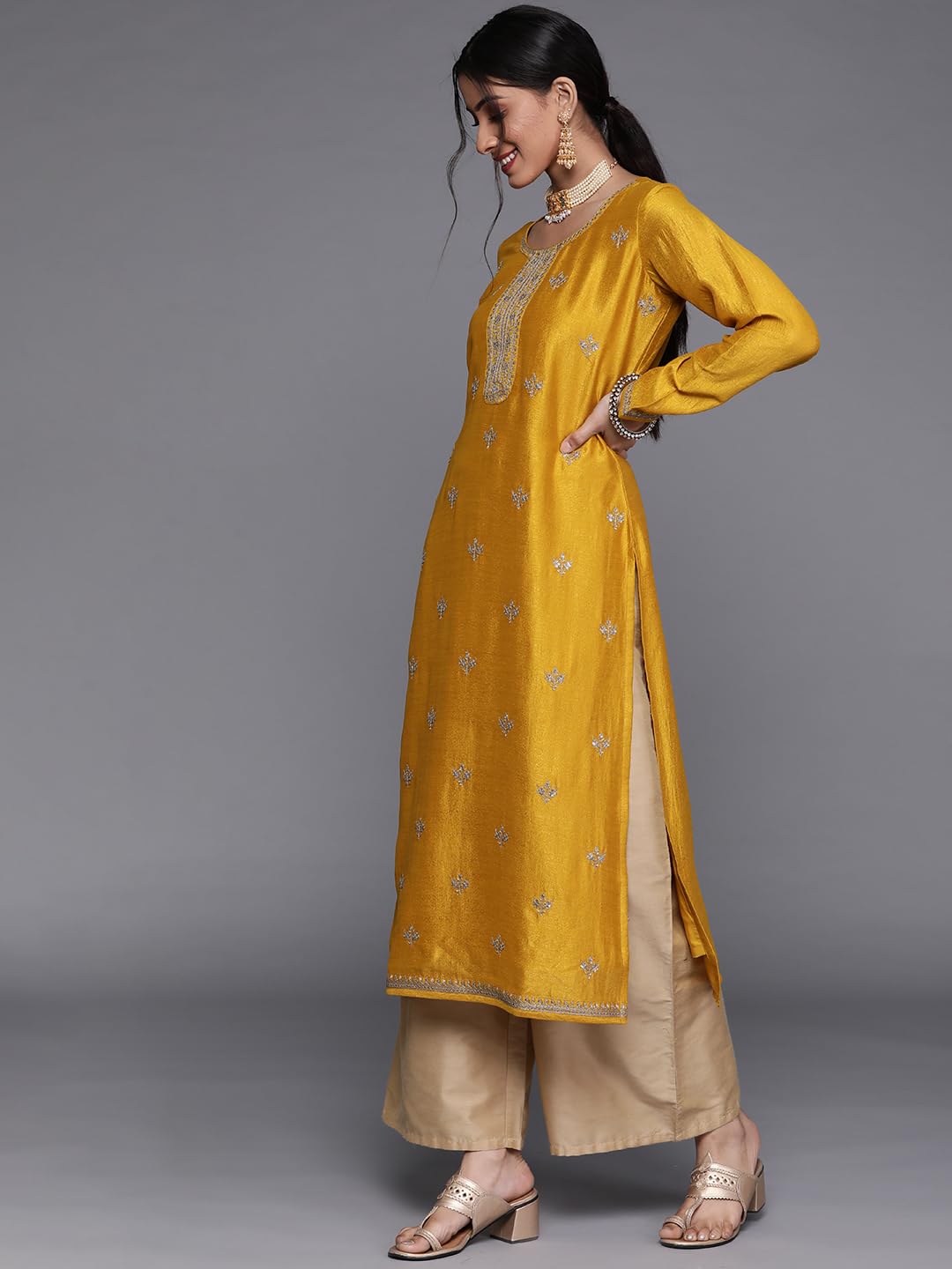Libas Womens Silk Embellished Straight Kurta (23491O_Yellow