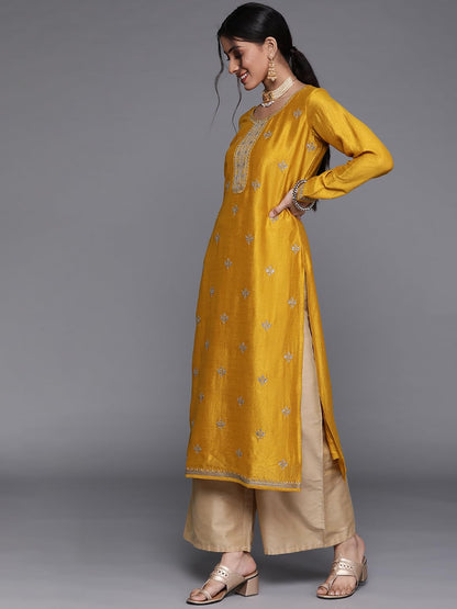 Libas Womens Silk Embellished Straight Kurta (23491O_Yellow