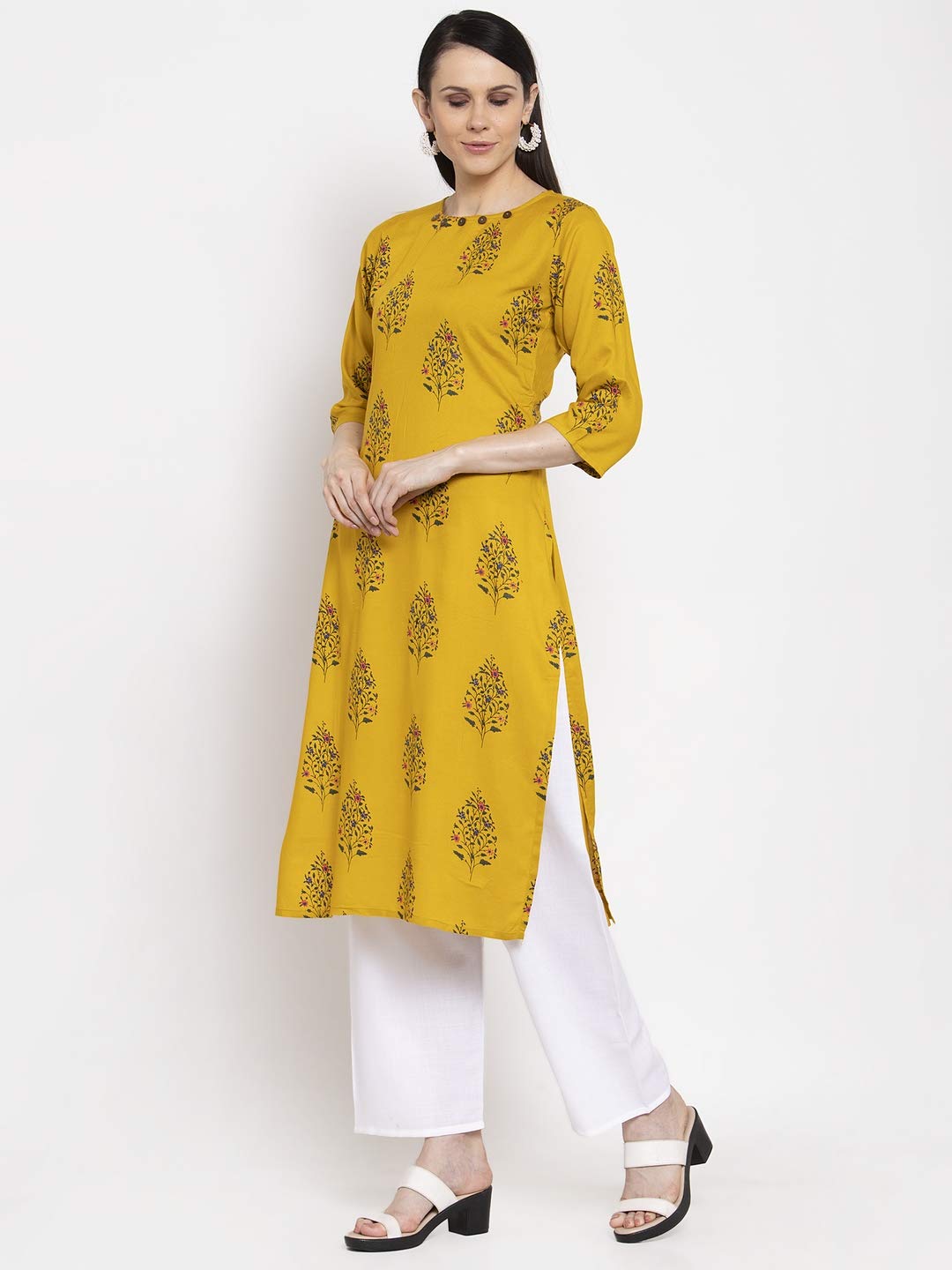 GoSriKi Women's Yellow Pure Cotton Straight Kurta with Plazzo (Luna Yellow)