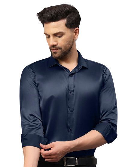 Indoprimo MenS Premium Solid Satin Casual Party Shirt Full Sleeve Navy