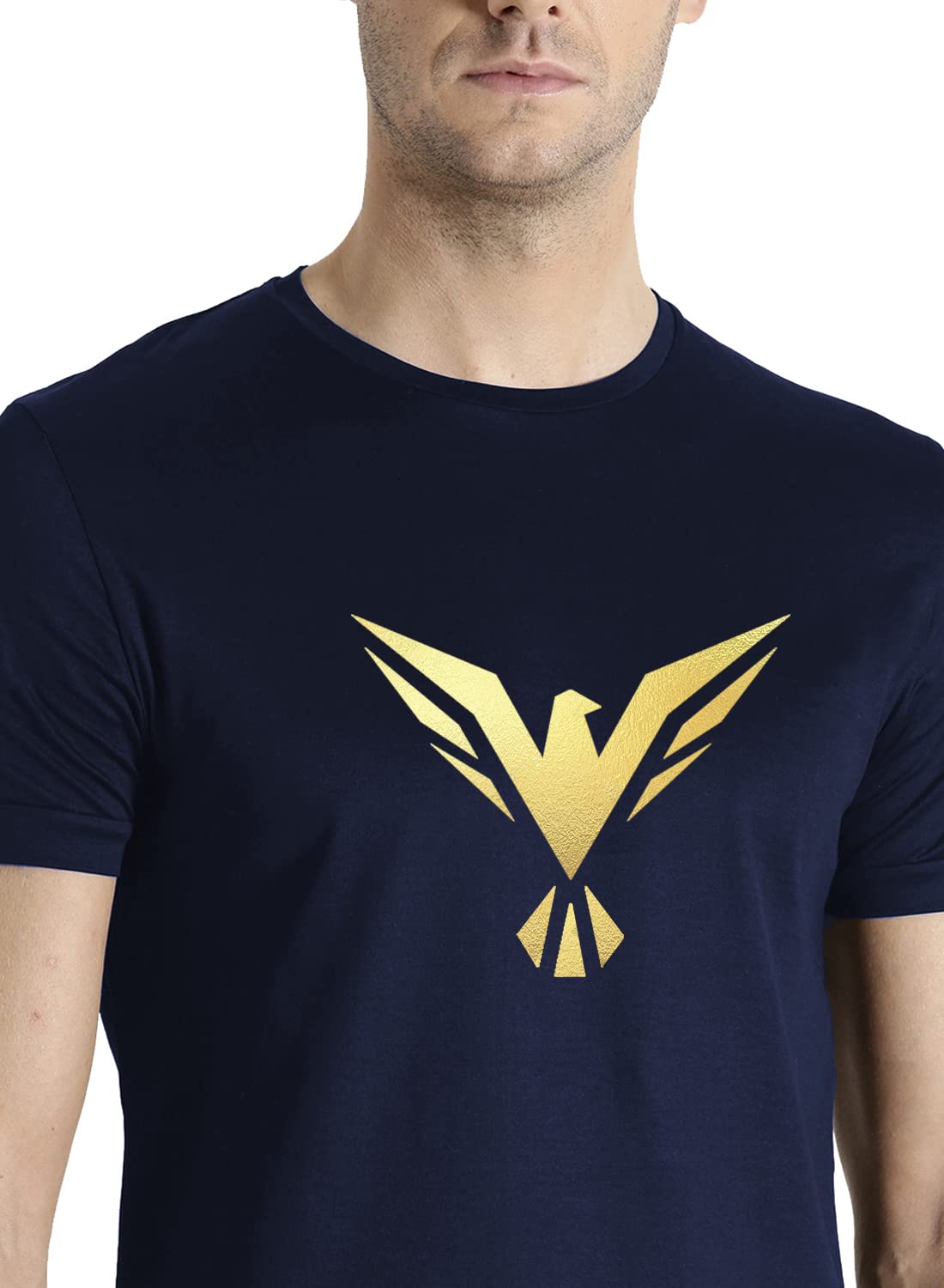 ADRO Men's Bird Gold Printed Cotton T-Shirt (RN23-GL-BIR-NB_Navy)