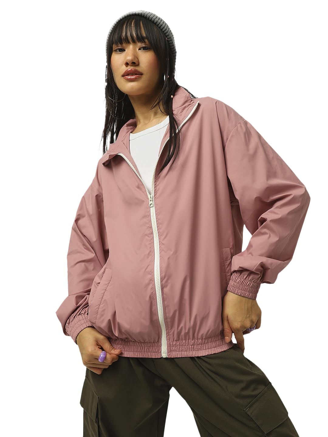 Bewakoof Air 1.0 WomenS Solid Oversized Fit Full Sleeve Round Neck Nylon Windcheater Jacket_ 601592 Pink S