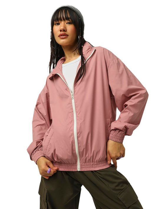 Bewakoof Air 1.0 WomenS Solid Oversized Fit Full Sleeve Round Neck Nylon Windcheater Jacket_ 601592 Pink S