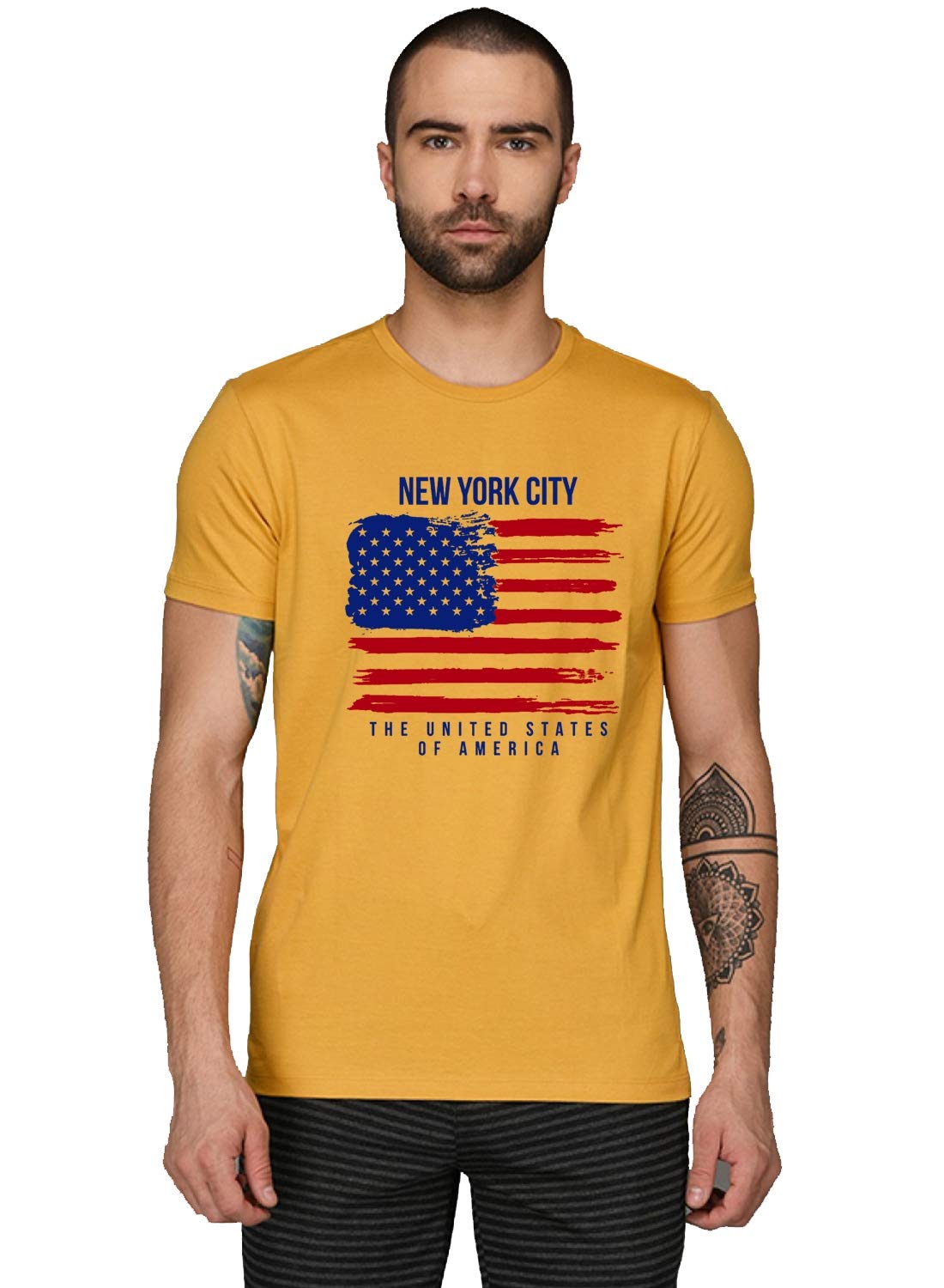 ADRO Men's USA American Flag Printed Cotton T-Shirts (RNR-M-NWW-MU_Mustard)