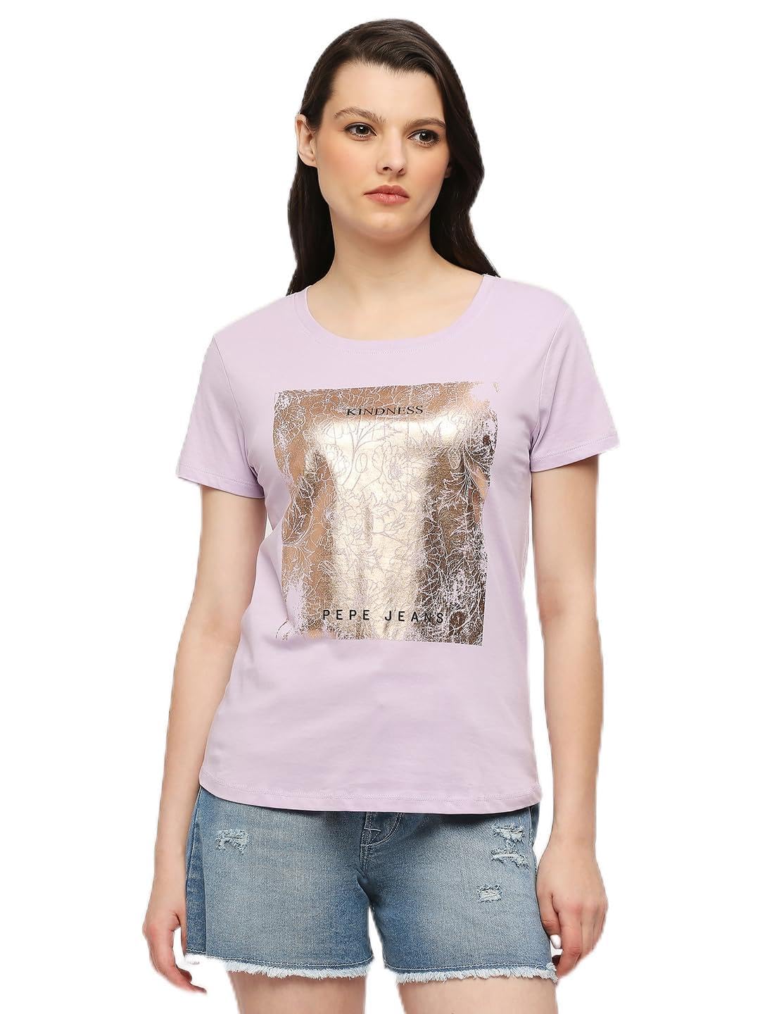 Pepe Jeans Women Cotton Regular Fit Foil Printed T-Shirts, Purple, Medium