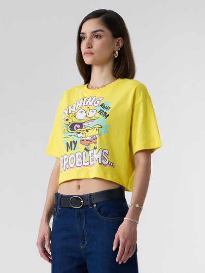 The Souled Store Official Spongebob: Running Away Women and Girls Oversize Fit Half Sleeve Graphic Printed Cotton Yellow Color C