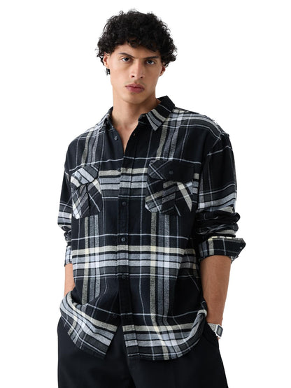 The Souled Store Plaid Shirt: Steel Men and Boys Long Sleeves Collared Neck Button Front Regular Fit Cotton Utility Shirts
