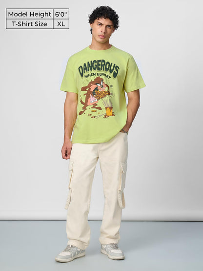 The Souled Store Official Looney Tunes: Hungry Taz Men and Boys Oversize Fit Half Sleeve Graphic Print Green Color T-Shirt (2278
