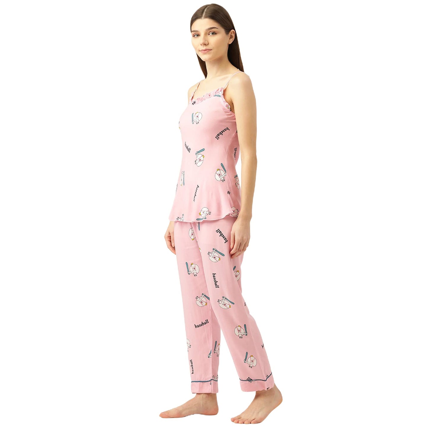 Sweet Dreams Women Printed Rayon 3 Piece Pyjama Set Peach