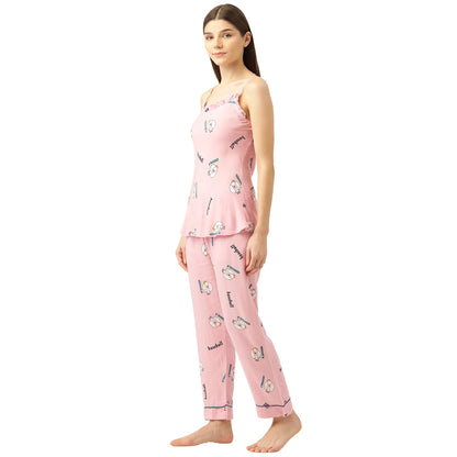 Sweet Dreams Women Printed Rayon 3 Piece Pyjama Set Peach