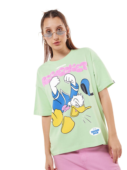 Bewakoof Heavy Duty 1.0 Official Disney Merchandise Donald Duck Womens Graphic Print Oversized Fit Half Sleeve Round Neck Terry