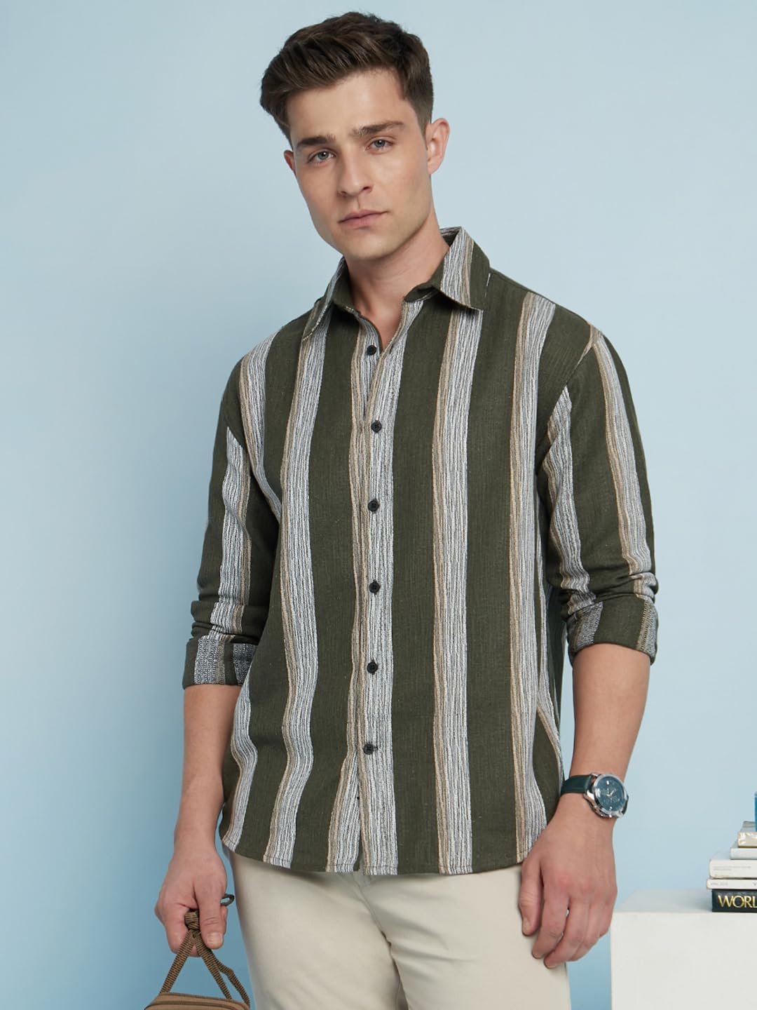Dennis Lingo Men Cotton Blend Relaxed Fit Striped Shirts Olive