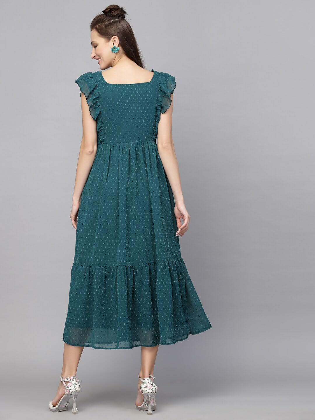 Avanova Georgette Jacquard Butti Rama Green Square Neck Knee Length Western Dresses For Women