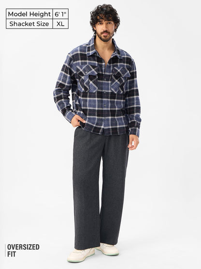 The Souled Store Plaid: Eclipse Men and Boys Long Sleeves Collared Neck Button Front Cotton Oversized Shackets