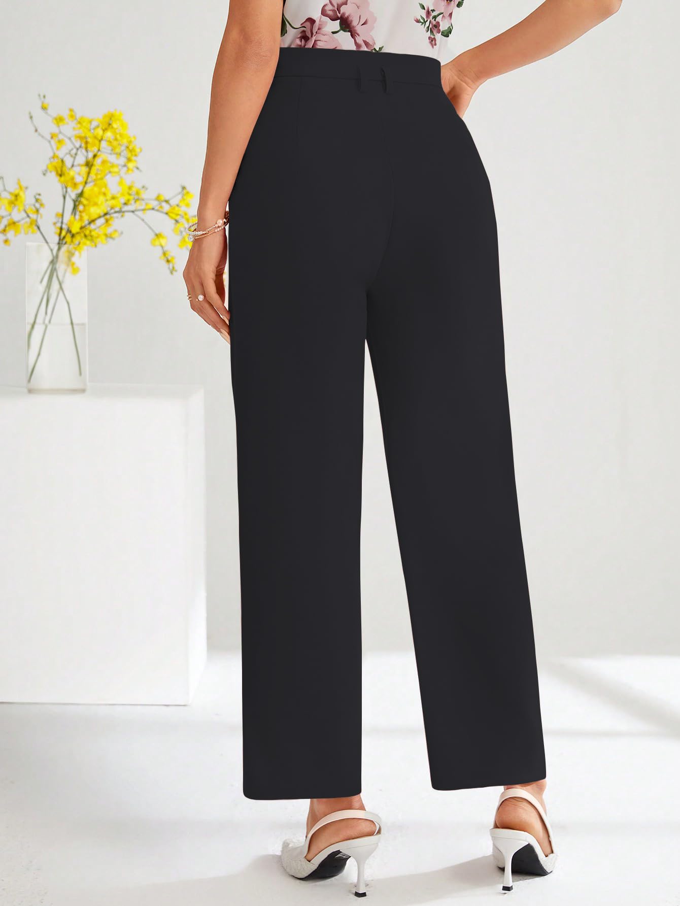Shasmi Womens Black High Waist Pleated Straight Leg Trousers  Elegant Solid Color Work Pants with Pockets, Casual Office Wear Po