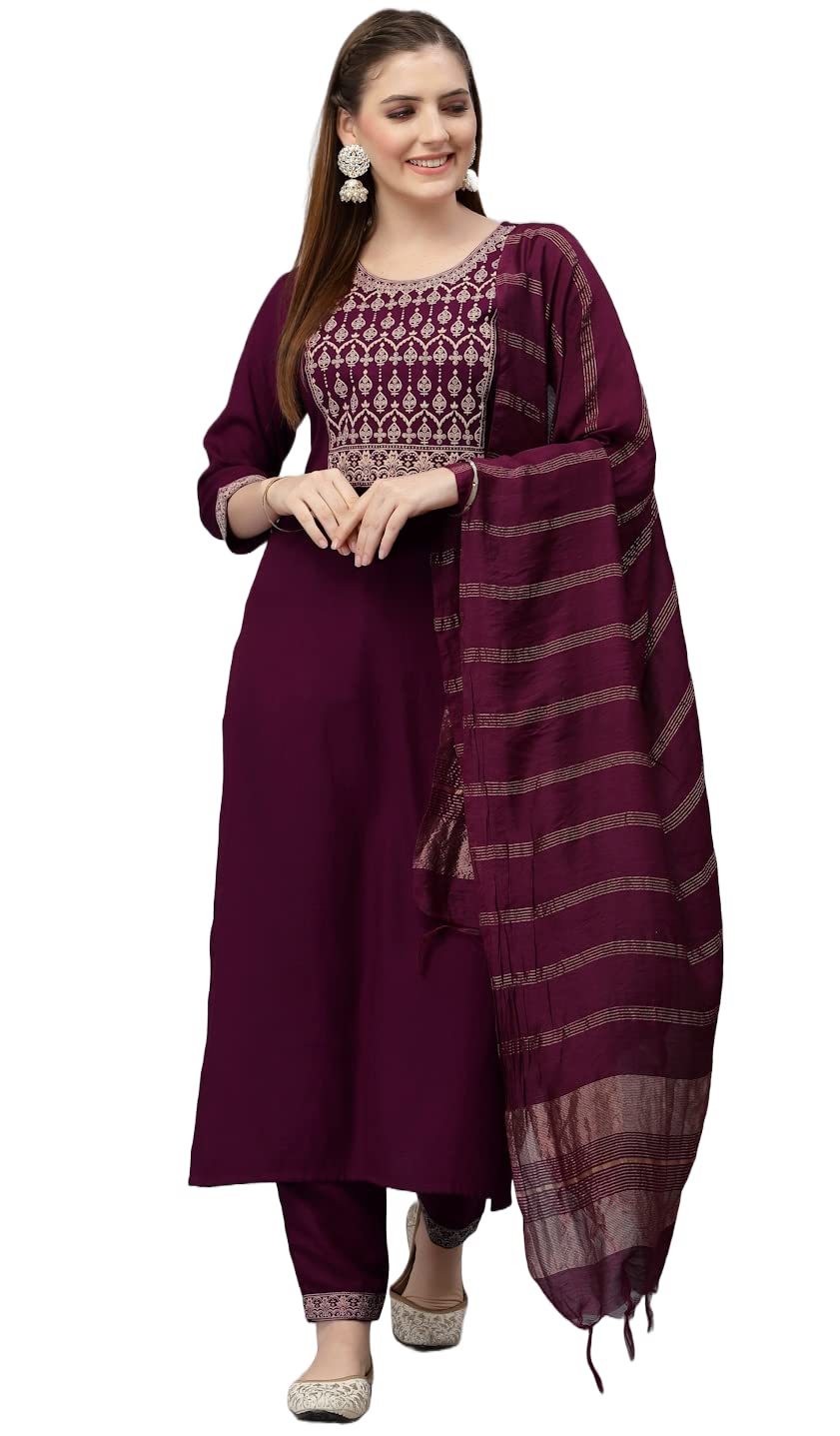 KLOSIA Women Embroidered Kurta and Pant with Dupatta Suit Set (Small) Wine