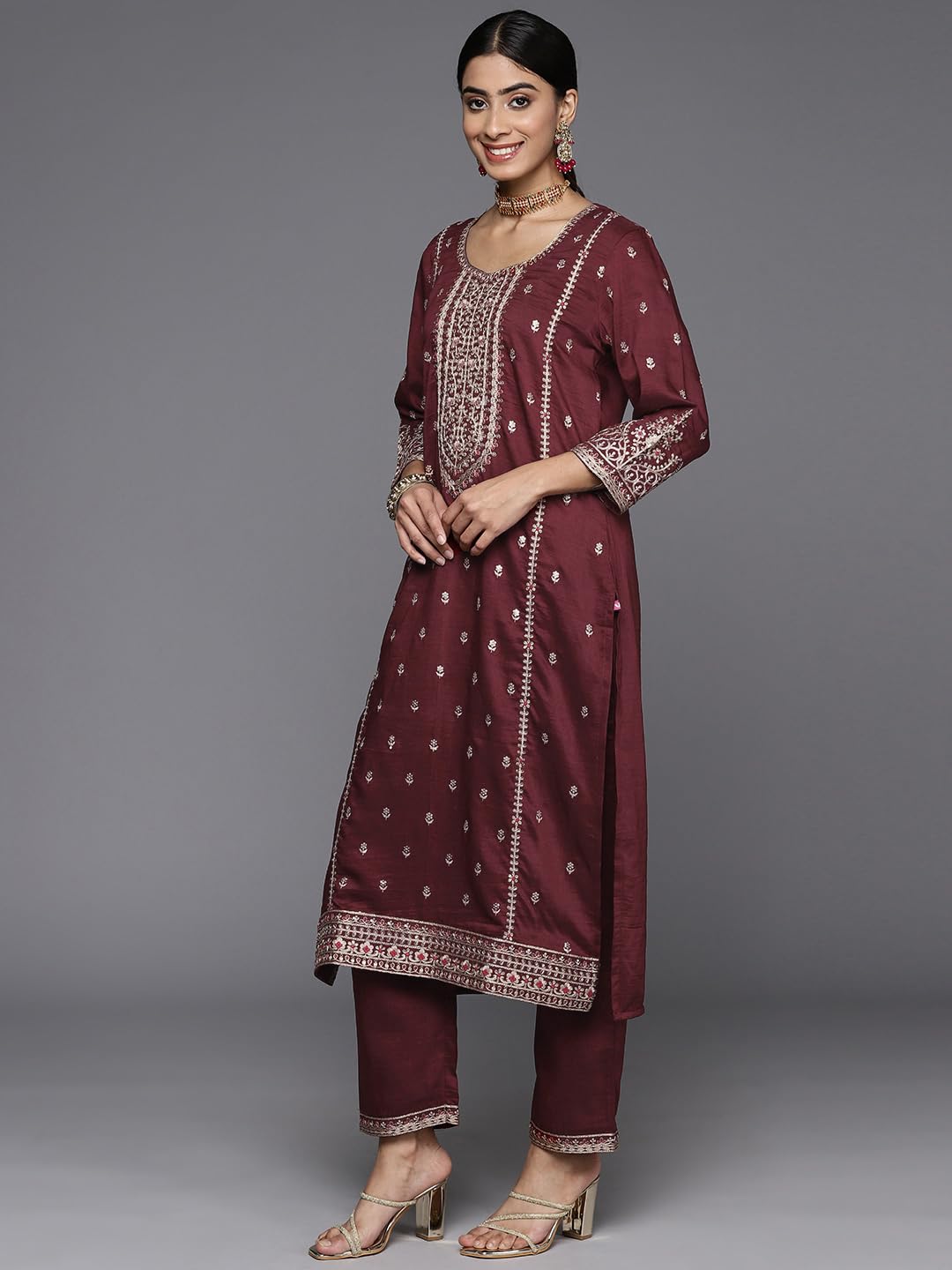 Varanga Women Maroon Embroidered Kurta Paired With Tonal Bottom And Dupatta