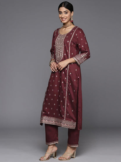 Varanga Women Maroon Embroidered Kurta Paired With Tonal Bottom And Dupatta