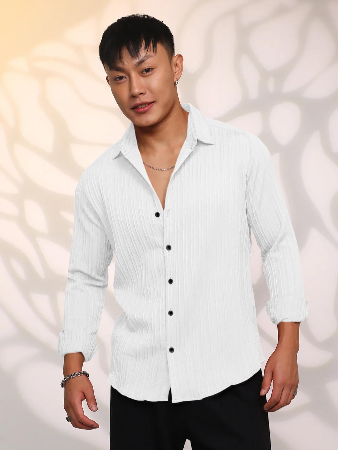 Finivo Fashion MenS Casual Cotton Striped Button Down Shirts Long Sleeve Textured Summer Beach Shirt For Men White