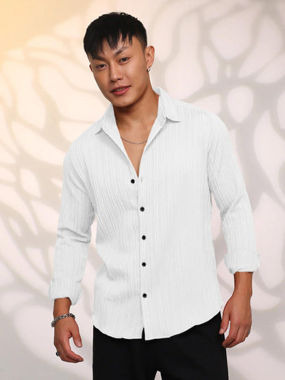 Finivo Fashion MenS Casual Cotton Striped Button Down Shirts Long Sleeve Textured Summer Beach Shirt For Men White