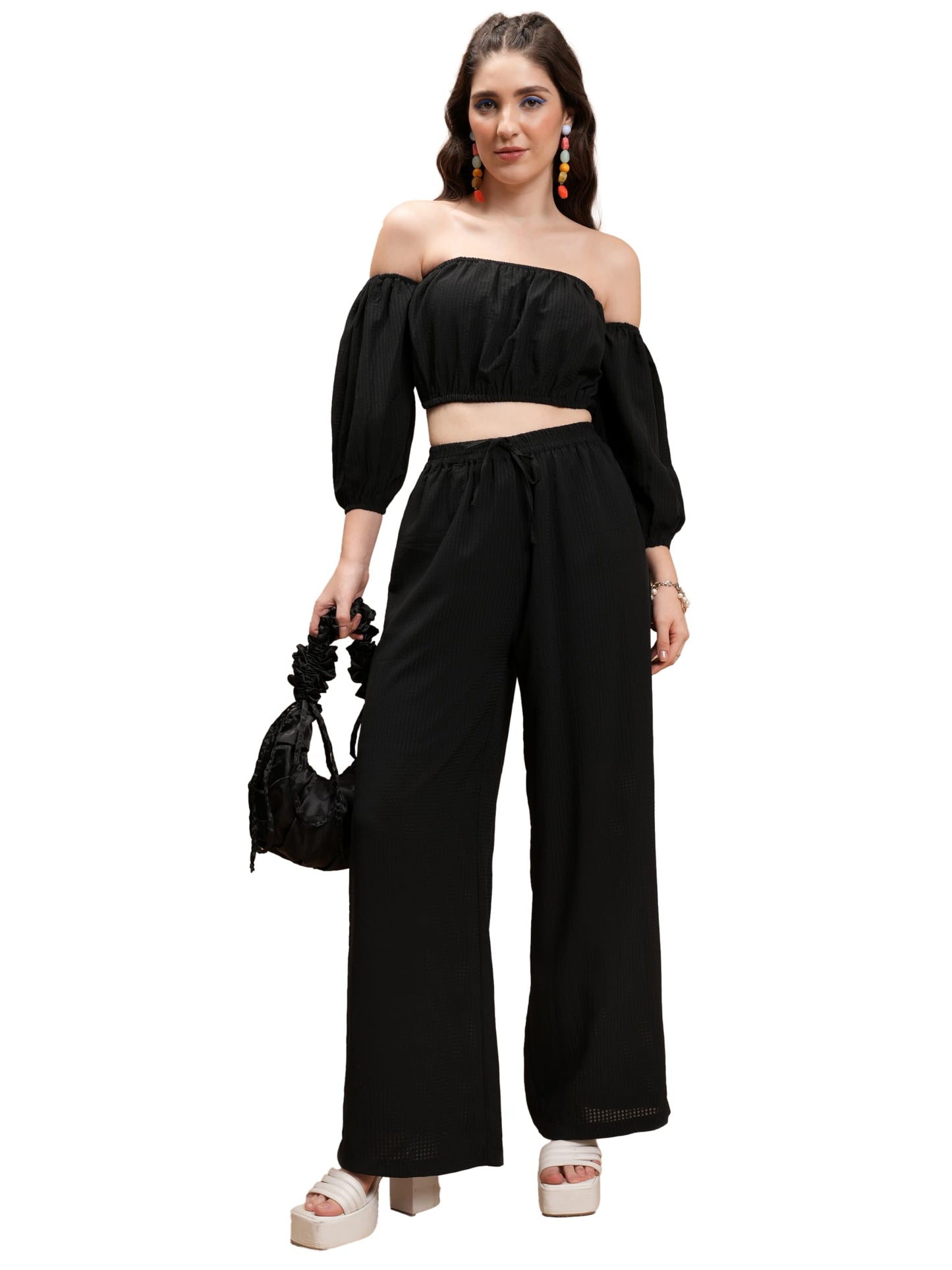 KETCH Women 3/4 Sleeve Off Shoulder Neck KHCE000116 Co-Ord Set Black M