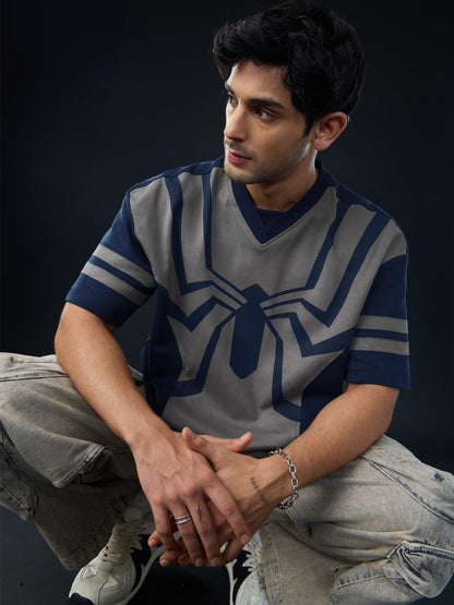 The Souled Store Spider-Man: Oscorp Suit Men and Boys Short Sleeves V-Neck Blue and Grey Printed Cotton Breathable Lightweight A