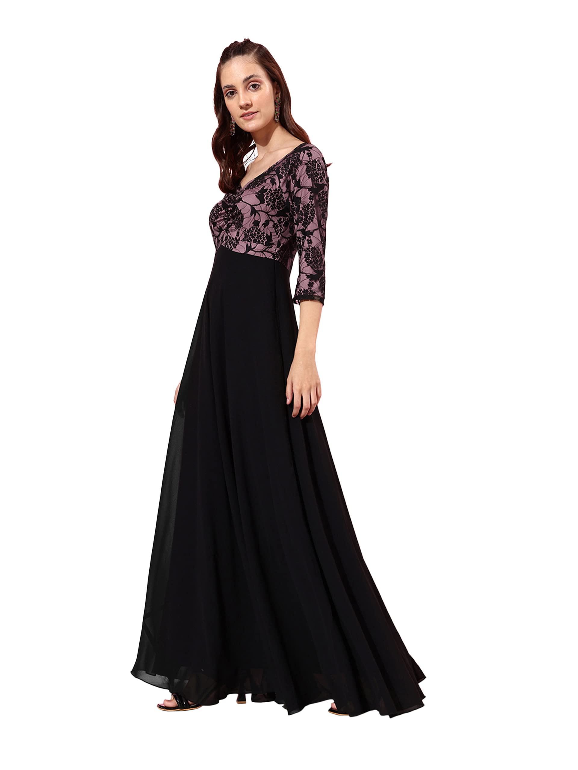 Miss Chase Womens Black and Lavender Sweetheart Neck 3/4 Sleeve Self Design Fit & Flare Maxi Dress (MCAW22D99-77-245-06, Black 