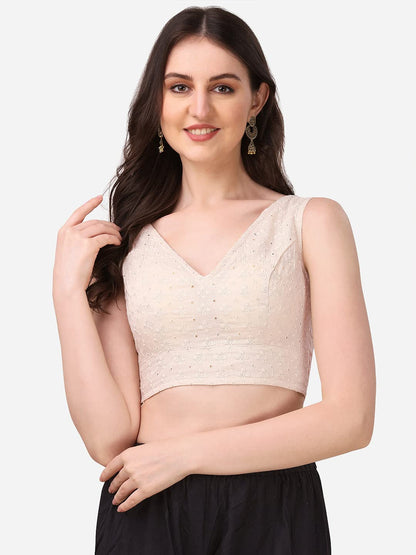 OOMPH! Womens Indian Ethnic Wear Designer Abstract Pattern V Neck Sleeveless Cotton Off-White Blouse for Saree or Lehnga and Bl