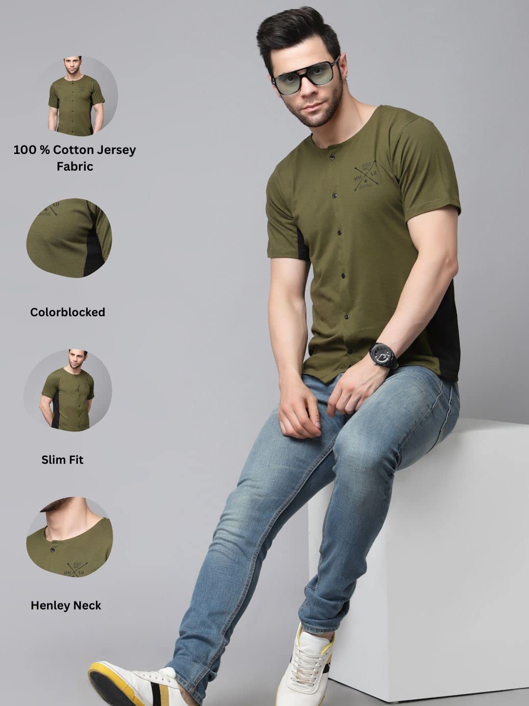 Rigo Men Olive Henley Colorblocked Half Sleeves Shirt