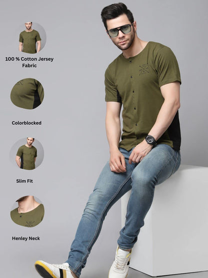 Rigo Men Olive Henley Colorblocked Half Sleeves Shirt