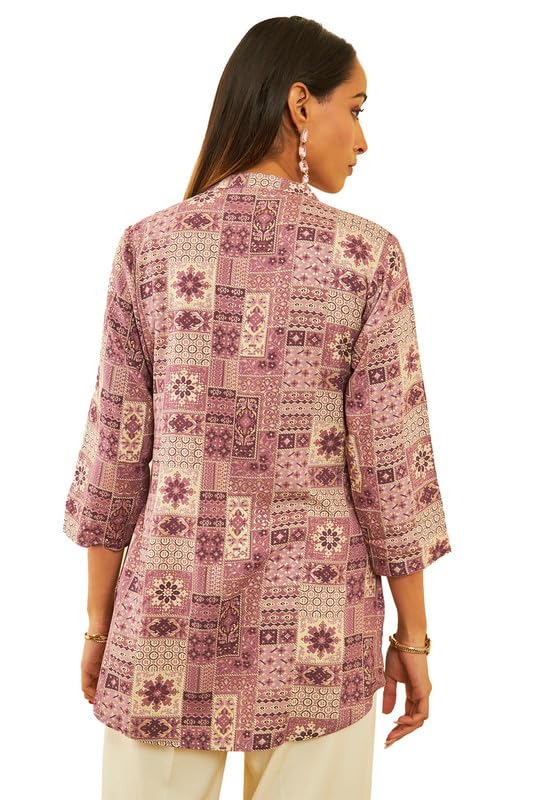 Soch Womens Purple Rayon Ethnic Motif Foil Printed Mandarin Collar Tunic