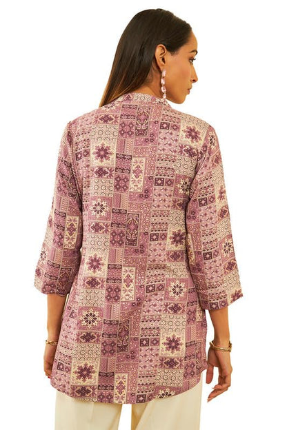 Soch Womens Purple Rayon Ethnic Motif Foil Printed Mandarin Collar Tunic