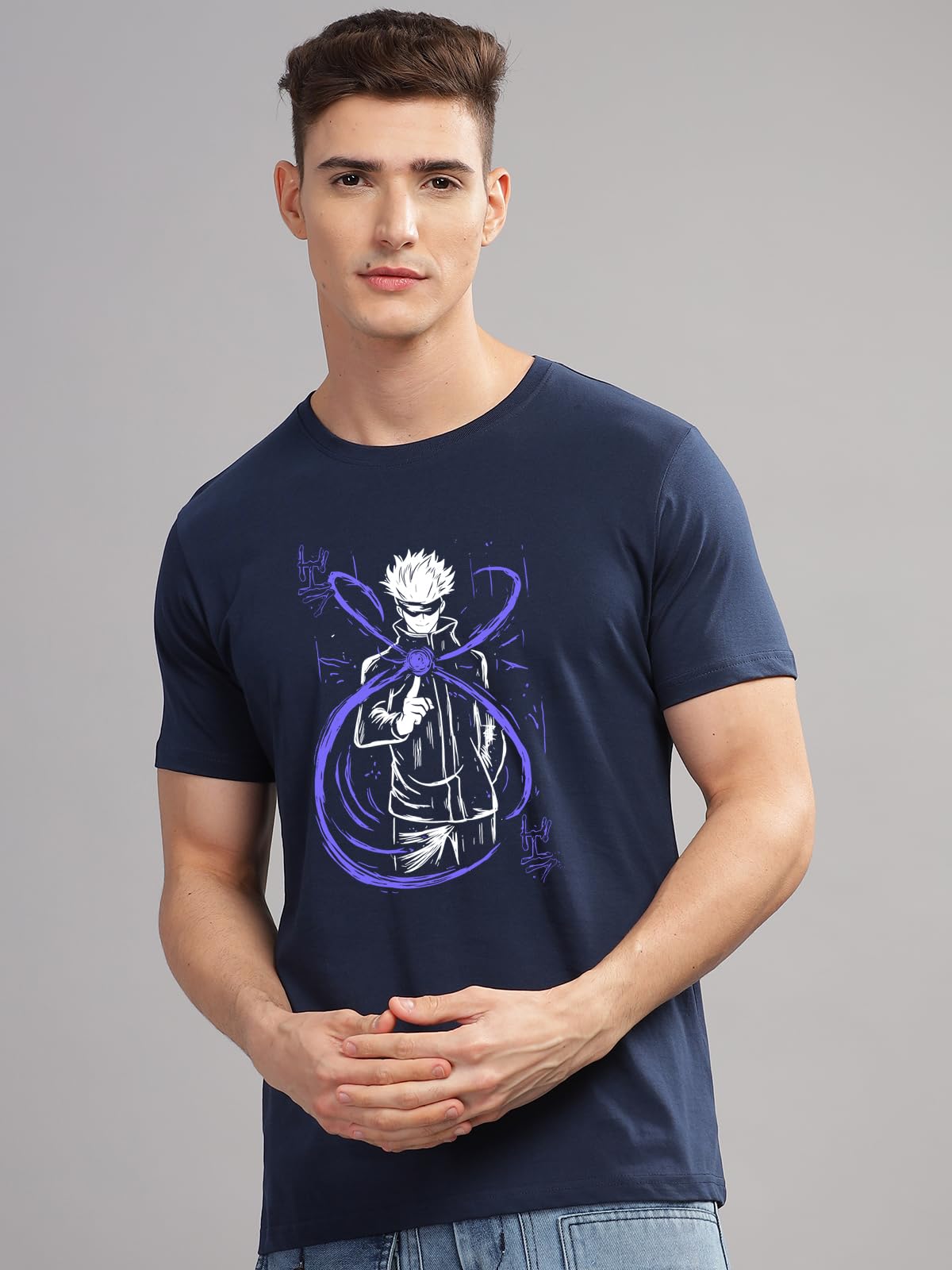 ADRO Mens Anime T Shirt - Premium Cotton Anime Gojo Tshirt - Perfect for Anime Fans Print and Comfortable Fit Navy Blue T-Shirt|