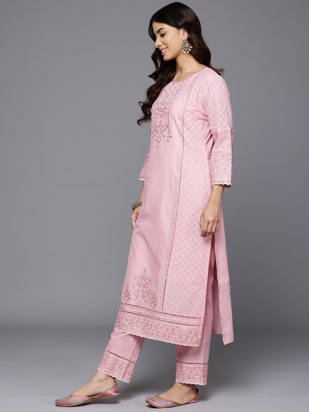 VARANGA Women Peach Floral Thread Embroidered Sequins Embellished With Lace Deatiled Kurta With Bottom And Dupatta