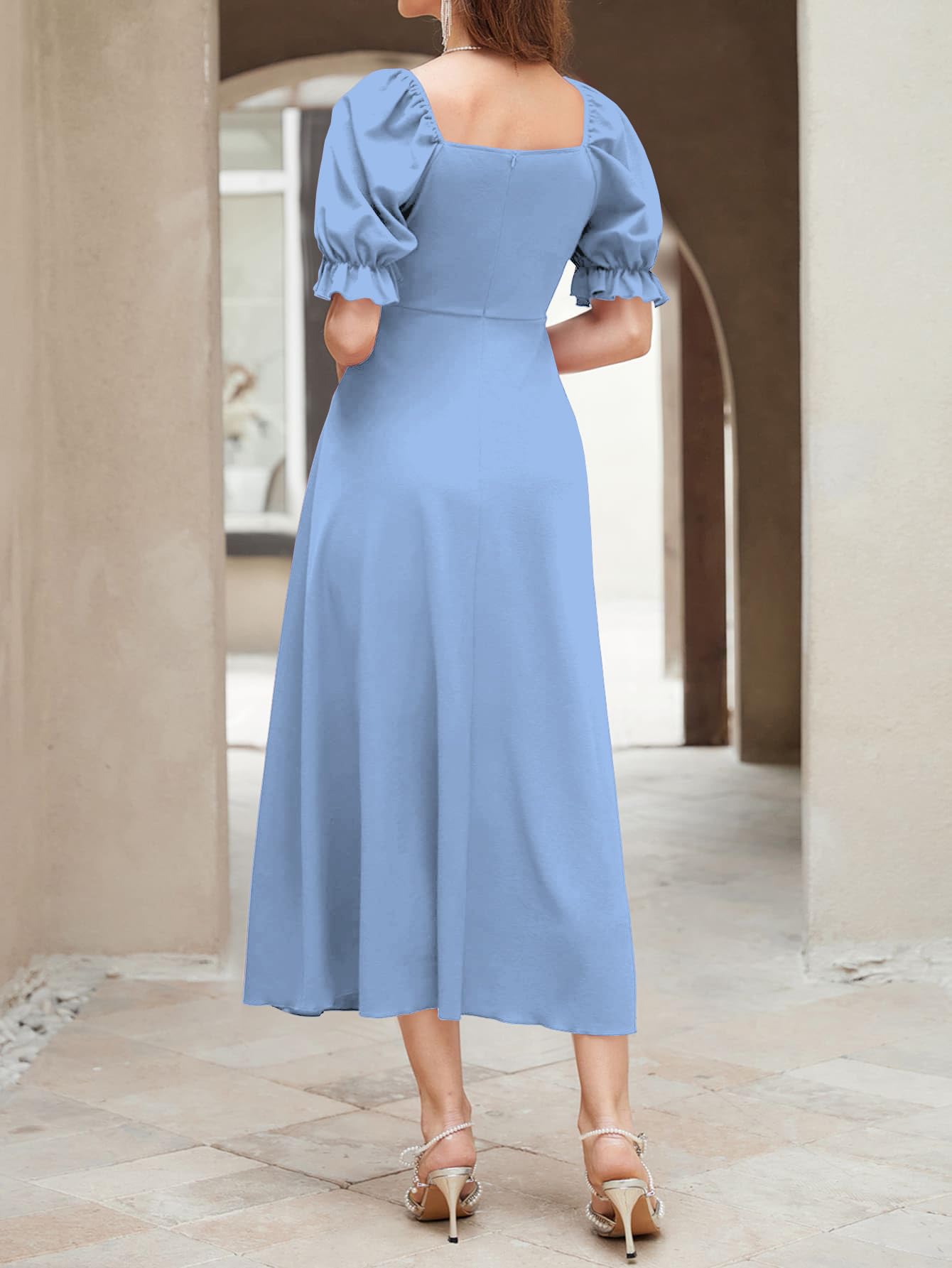 Shasmi GirlS & WomenS Solid Light Blue A-Line Ruched Puff Sleeve Maxi Long Evening One Piece Long Dress For Women Stylish (Dre
