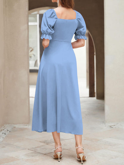 Shasmi GirlS & WomenS Solid Light Blue A-Line Ruched Puff Sleeve Maxi Long Evening One Piece Long Dress For Women Stylish (Dre