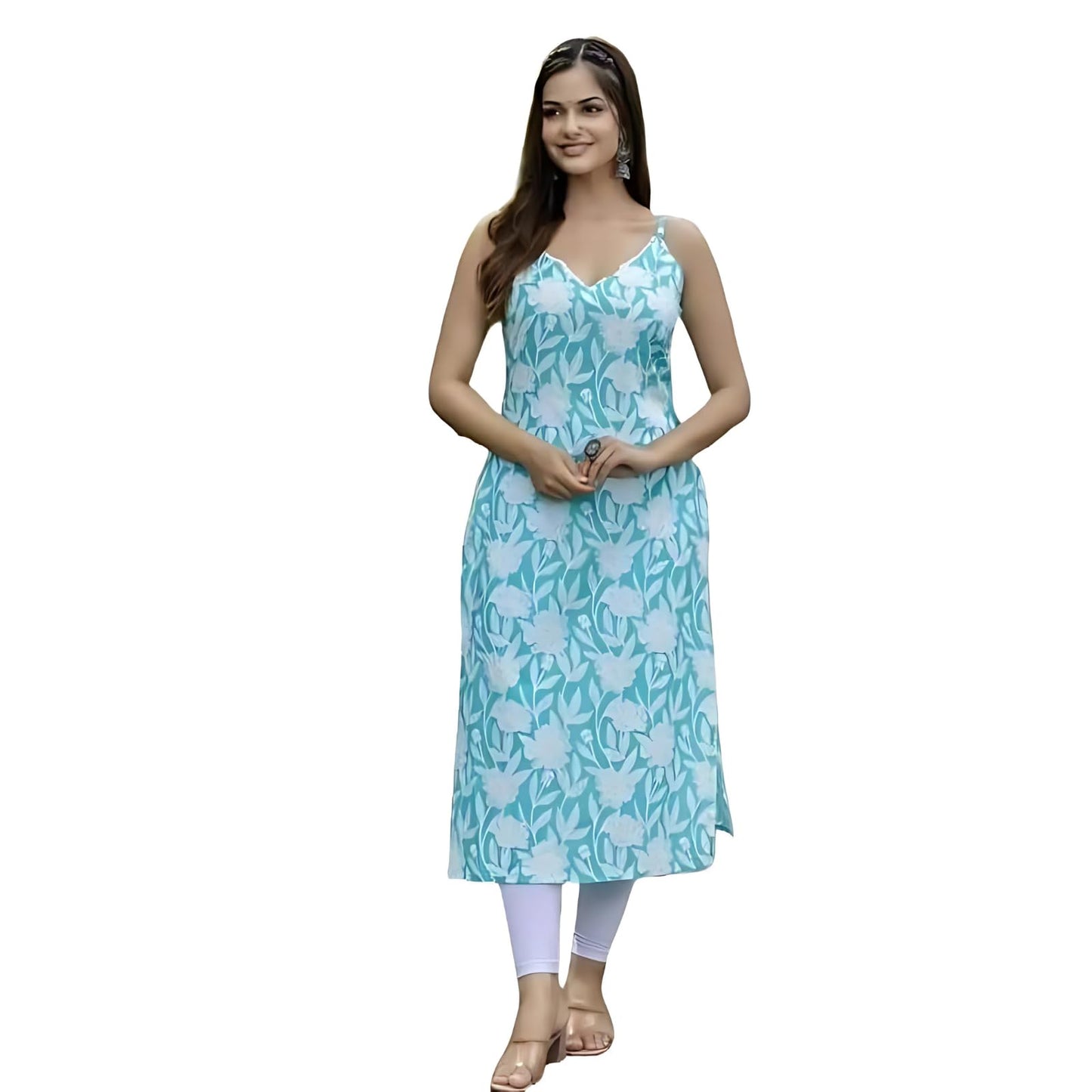 Modestouze Attires WomenS Floral Printed Knee Length Round Neck Sleeveless Rayon Kurti, Kurta Set For Women, Printed Kurti For