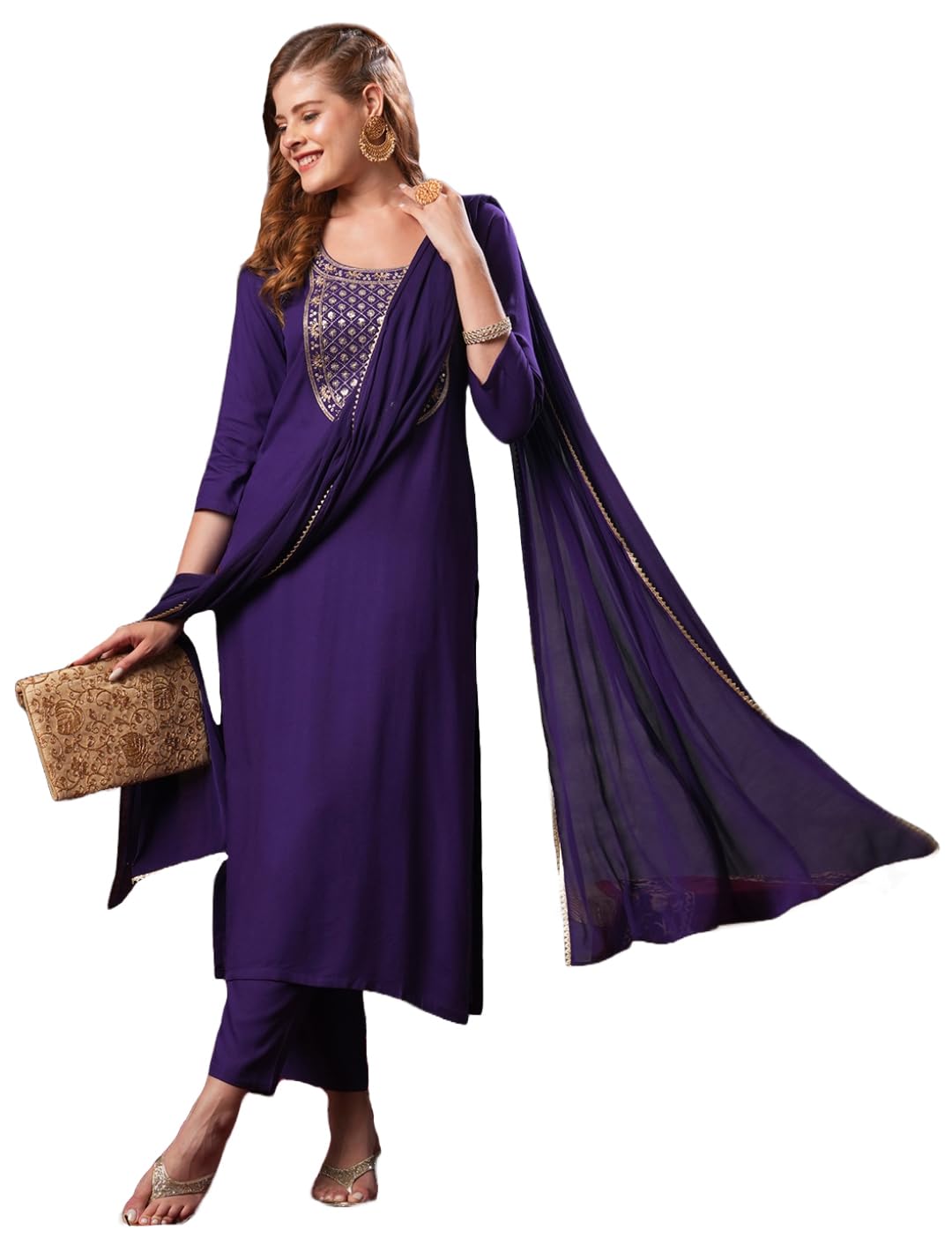 ANNI DESIGNER Ladies Cotton Blend Dupatta Kurta Trousers, Light Brown::Blue, XL
