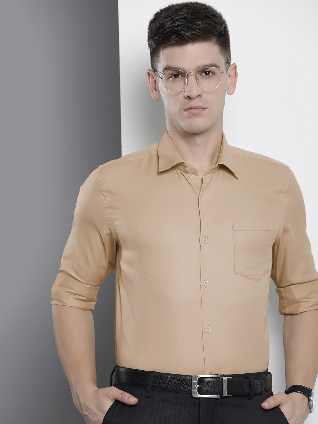 The Indian Garage Co Men Beige Slim Fit Solid Formal Shirt