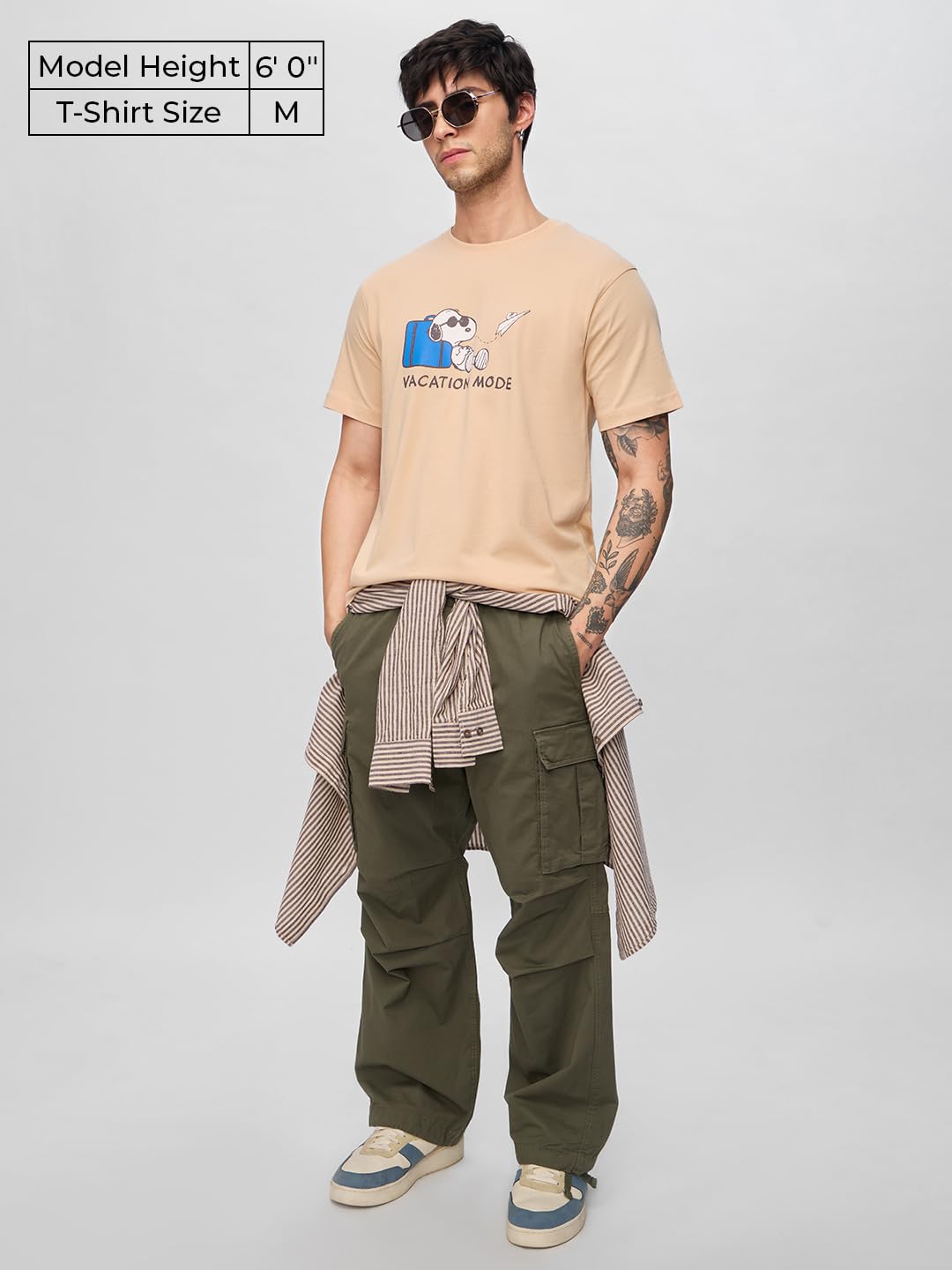 The Souled Store Peanuts: Airplane Mode On Men and Boys Short Sleeves Round Neck Beige Graphic Printed Regular Fit Cotton T-Shir