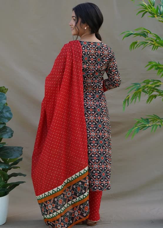 GoSriKi Women's Cotton Blend Straight Printed Kurta with Pant & Dupatta (Makshi-NW-GS)