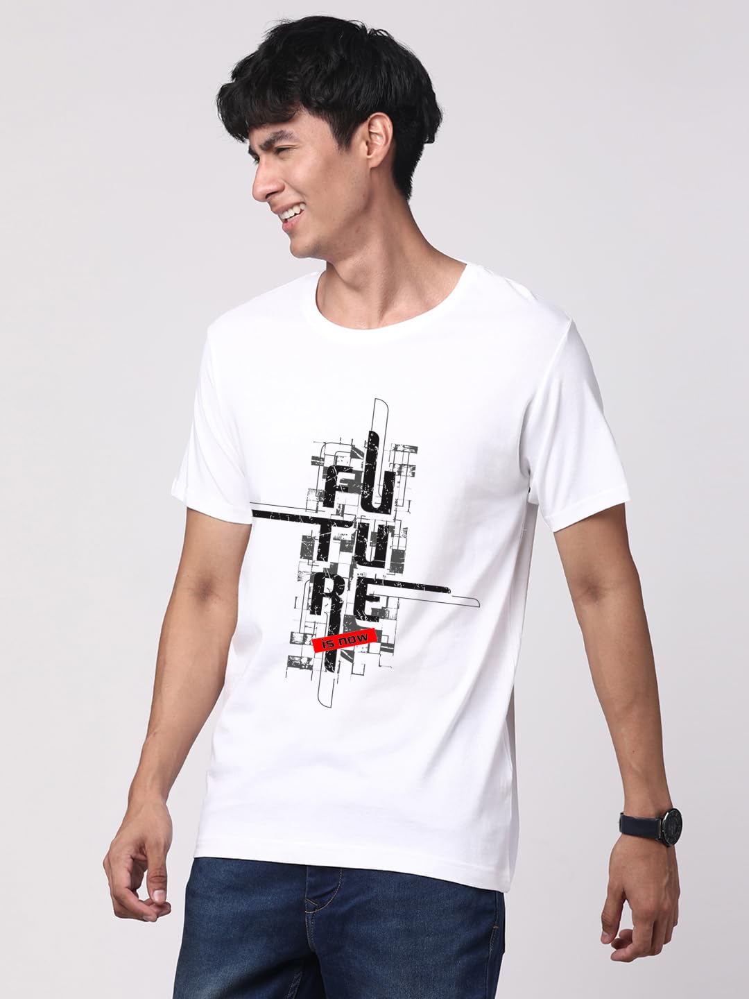 ADRO Men's Graphic Printed 100% Cotton T-Shirt - Regular Fit, Printed T-Shirts for Men (RN24-FTR-WH_White)
