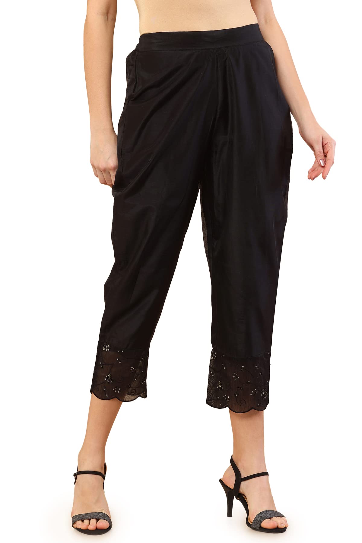Soch Black Chanderi Straight Pant with Embroidered Borders and Sequins