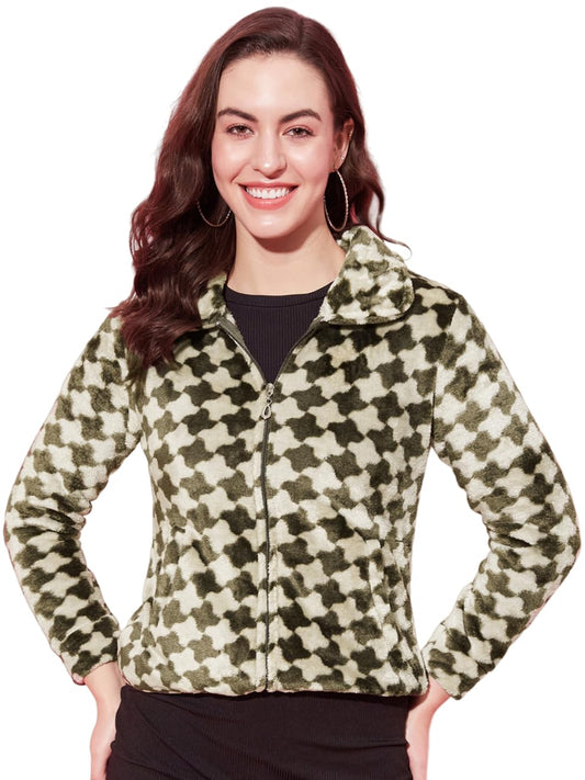 Modeve Full Sleeve Self Design Women Jacket-Olive