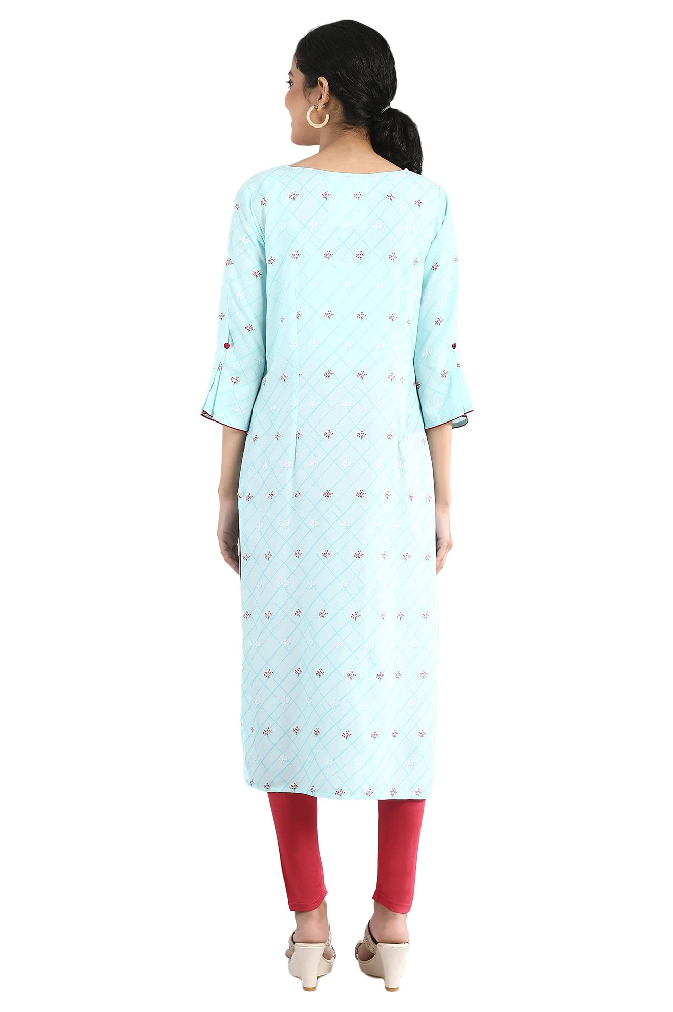 Aurelia Women's Viscose Blue Geometric Round Neck Straight Kurta Set
