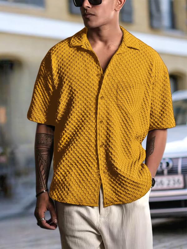Pinkmint Bubble Textured Shirt for Men ll Half Sleeve Stylish Button Down Shirts ll Mens Pocket Shirt (Pack of 1) Yellow