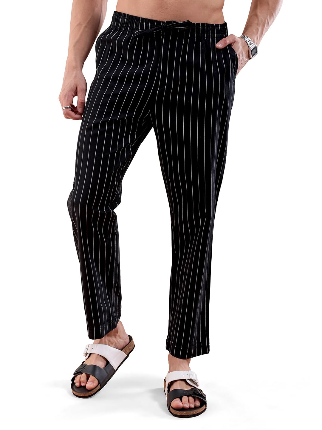 The Indian Garage Co Men Regular Fit Striped Mid-Rise Elasticated Trousers Black