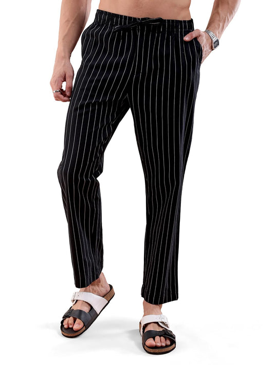 The Indian Garage Co Men Regular Fit Striped Mid-Rise Elasticated Trousers Black